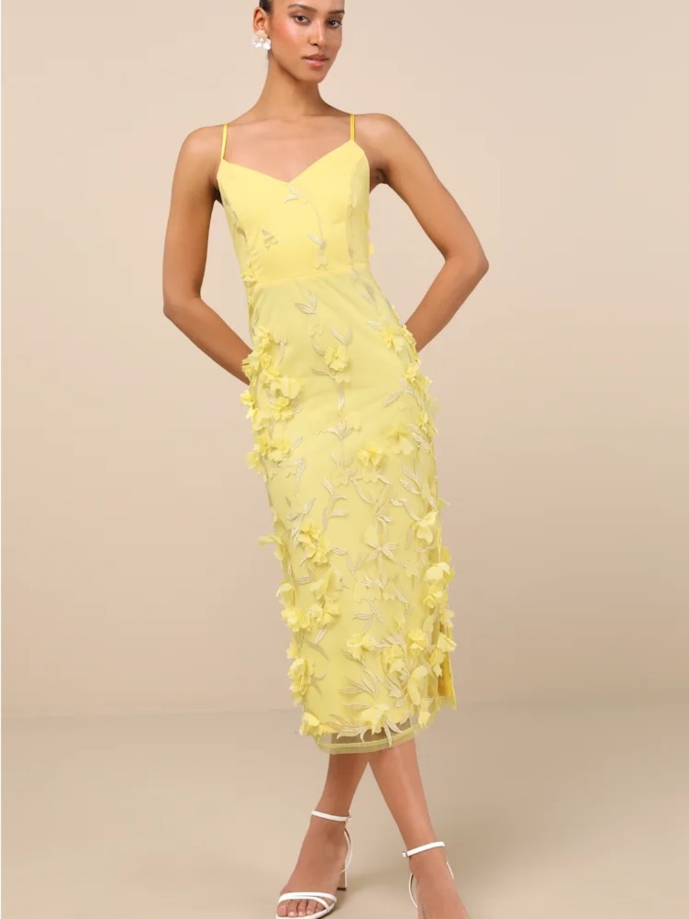 Lulu's Yellow Midi Dress with 3D Floral Appliqué